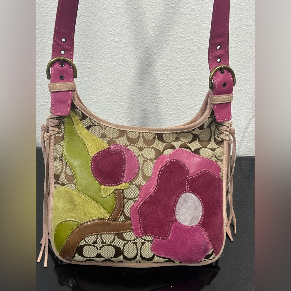 Coach‎ Rare Y2K Signature Pink Poppy For Peace Flower Crossbody Bag